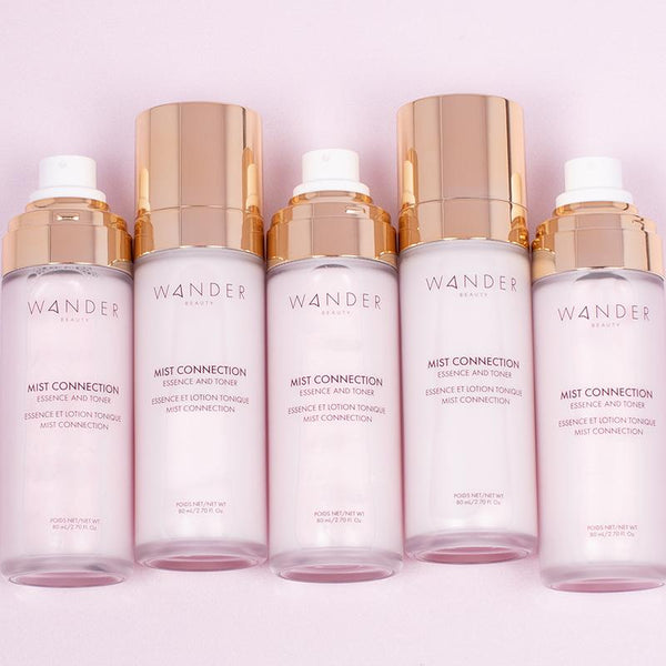 wander beauty 5 light pink bottles with golden lids