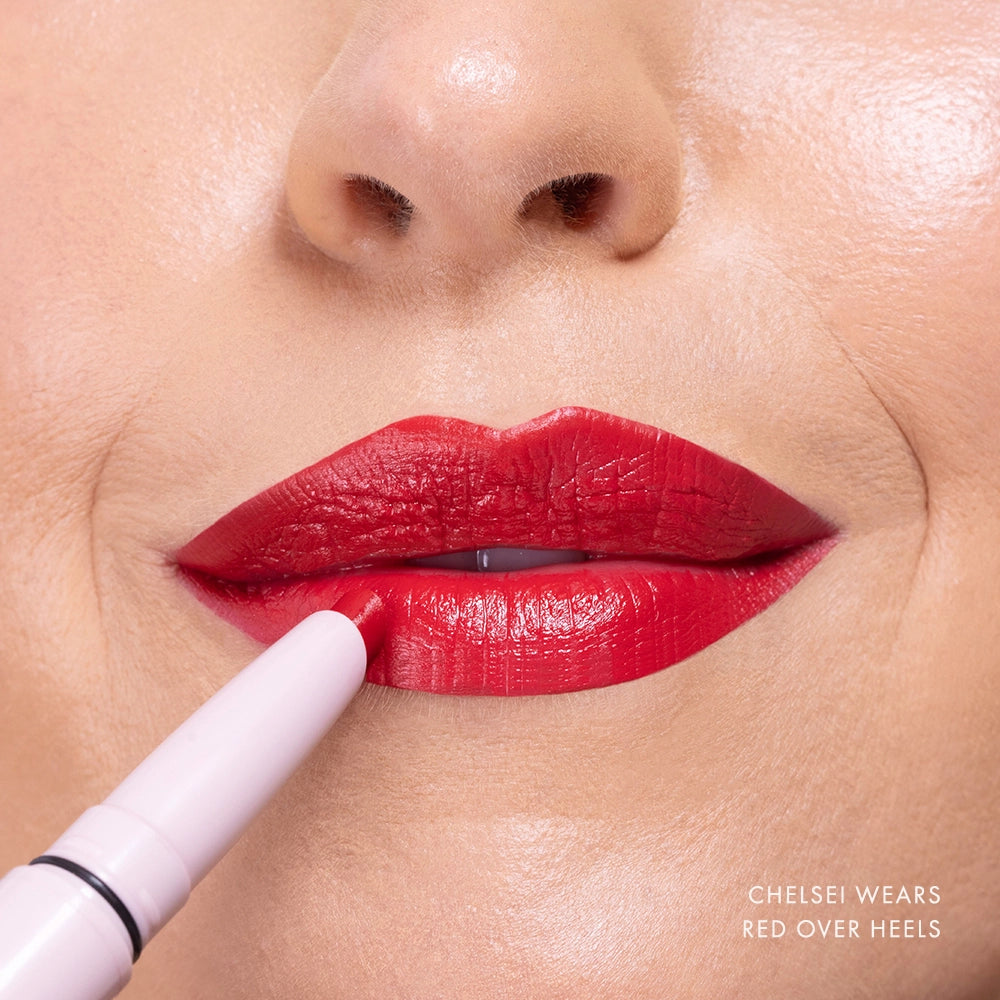 Model wearing Lipsetter Dual Lipstick and Liner