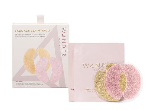 Baggage Claim Vault box with Gold and Rose Gold eye mask packettes