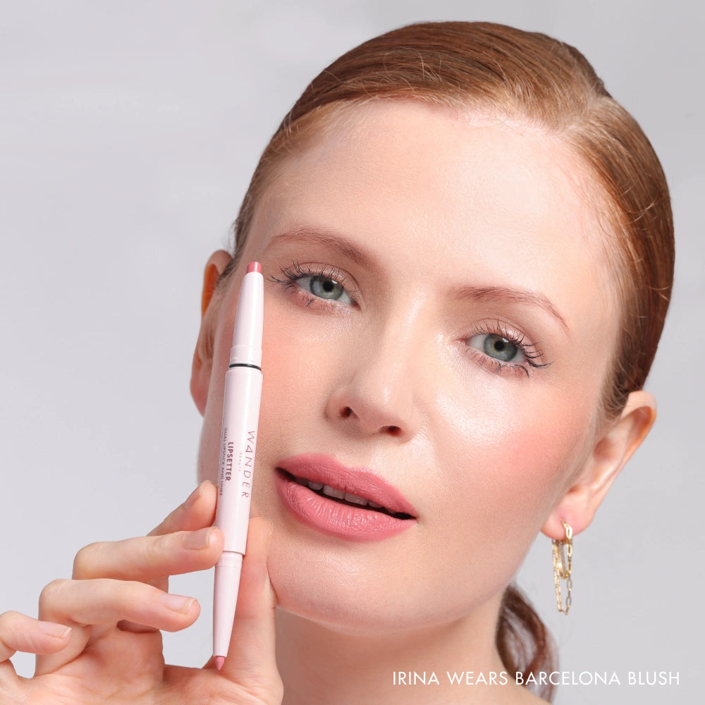 Model wearing Lipsetter Dual Lipstick and Liner in Barcelona Blush