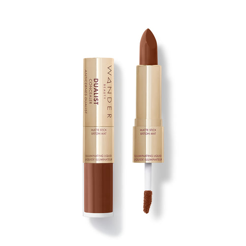 Wander Beauty Ebony Rich Dualist Matte and Illuminating Concealer showing both stick and liquid applicator ends