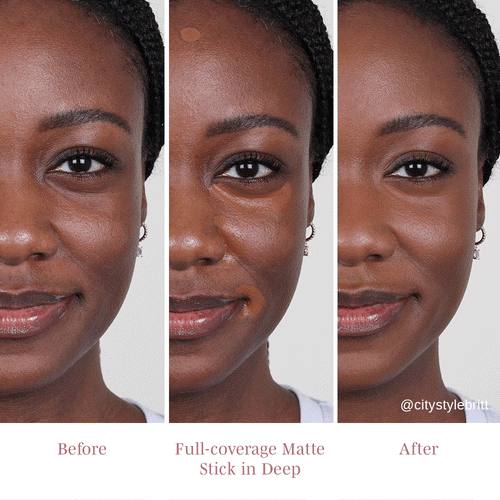 Before and after gif of Britt using dualist matte and illuminating concealer in the shade deep