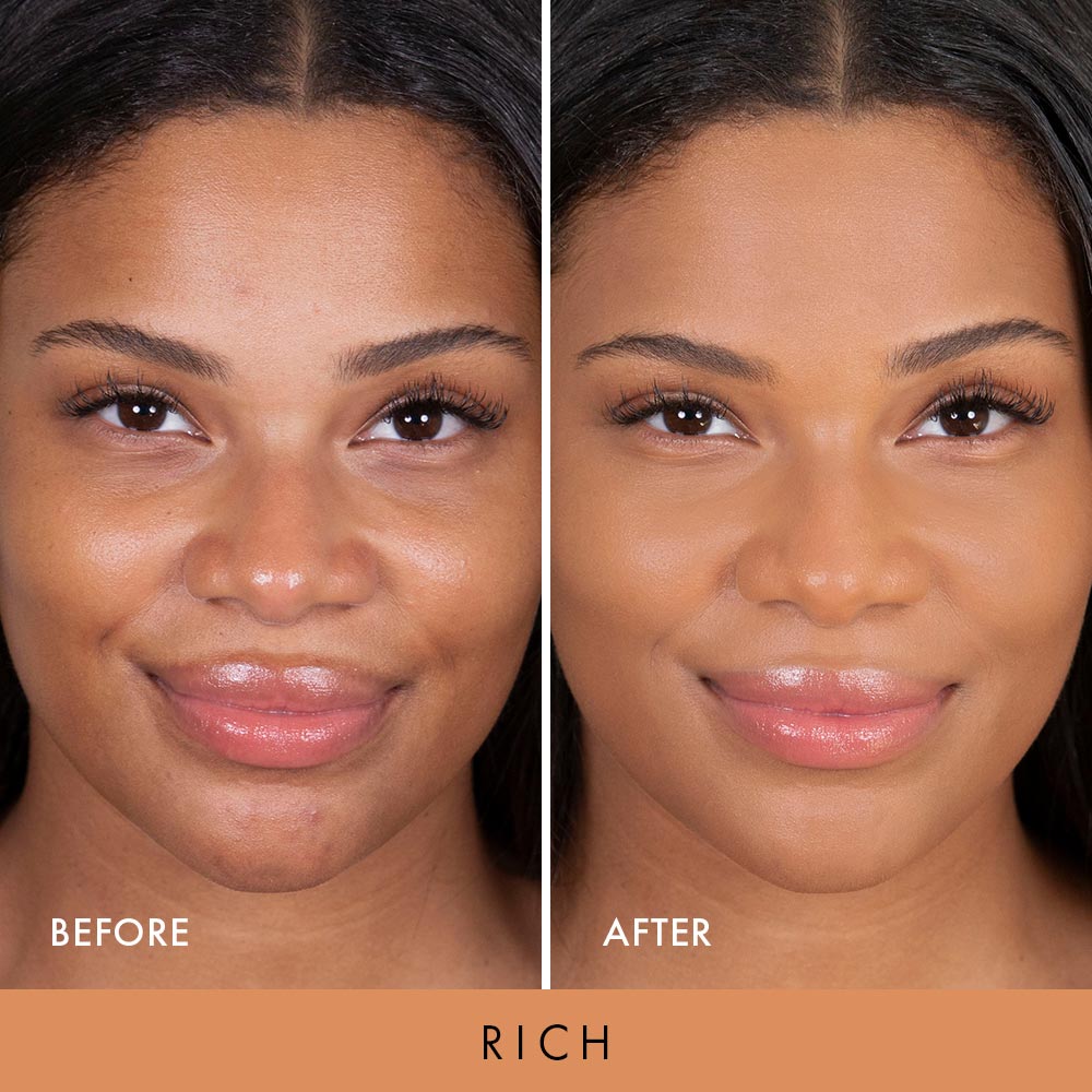 before and after of model wearing wanderlust powder foundation
